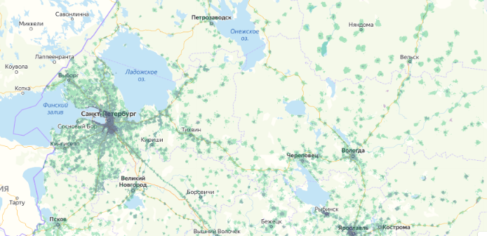 Зона покрытия МТС на карте Железнодорожный 